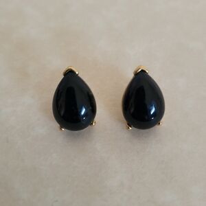 Vintage Monet Black Enamel Teardrop Earrings Pierced Gold Trim